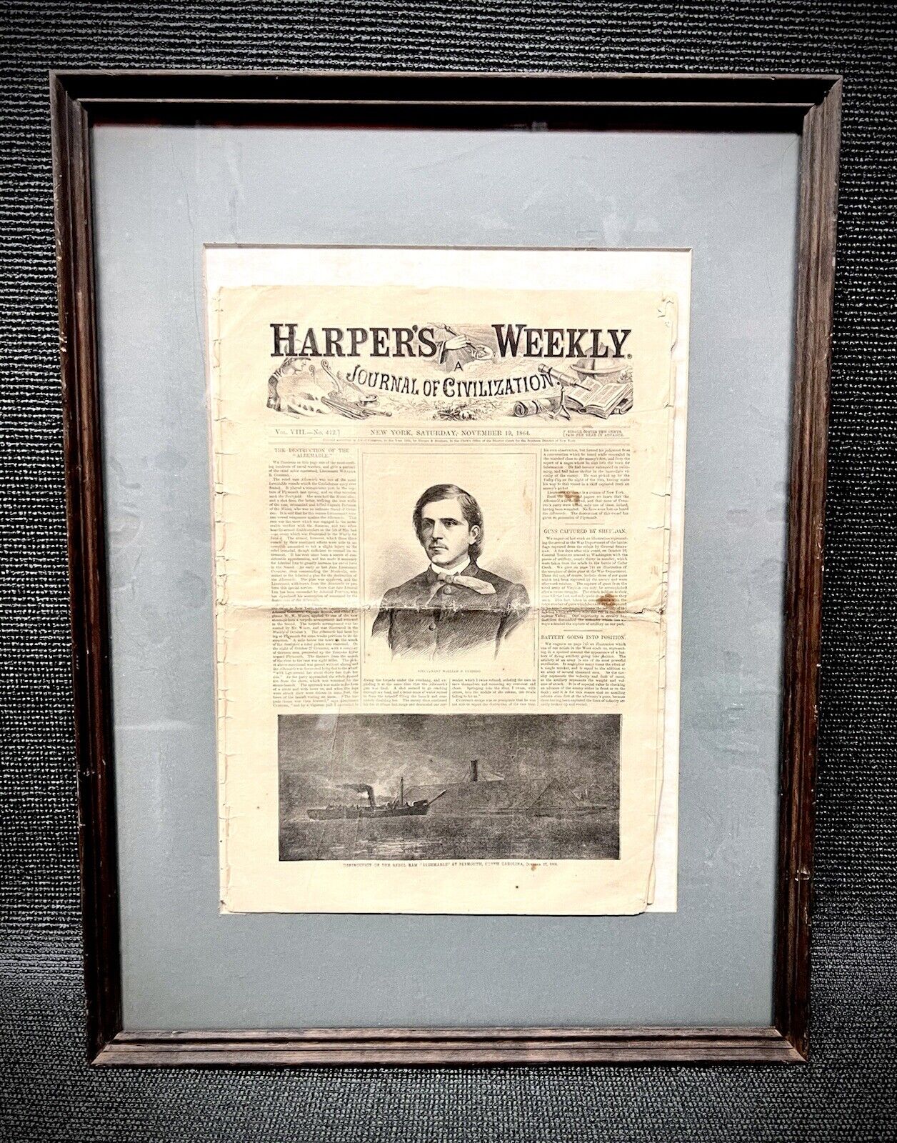 1864 Civil War Collectible Original Antique Newspaper Cushing Albemarle Framed