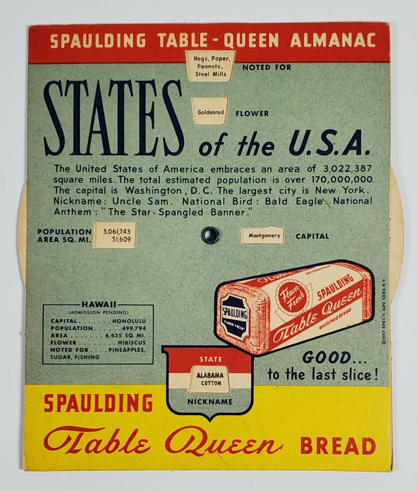 Spaulding Table Queen Bread States of the USA  Advertising Dial Almanac 1957