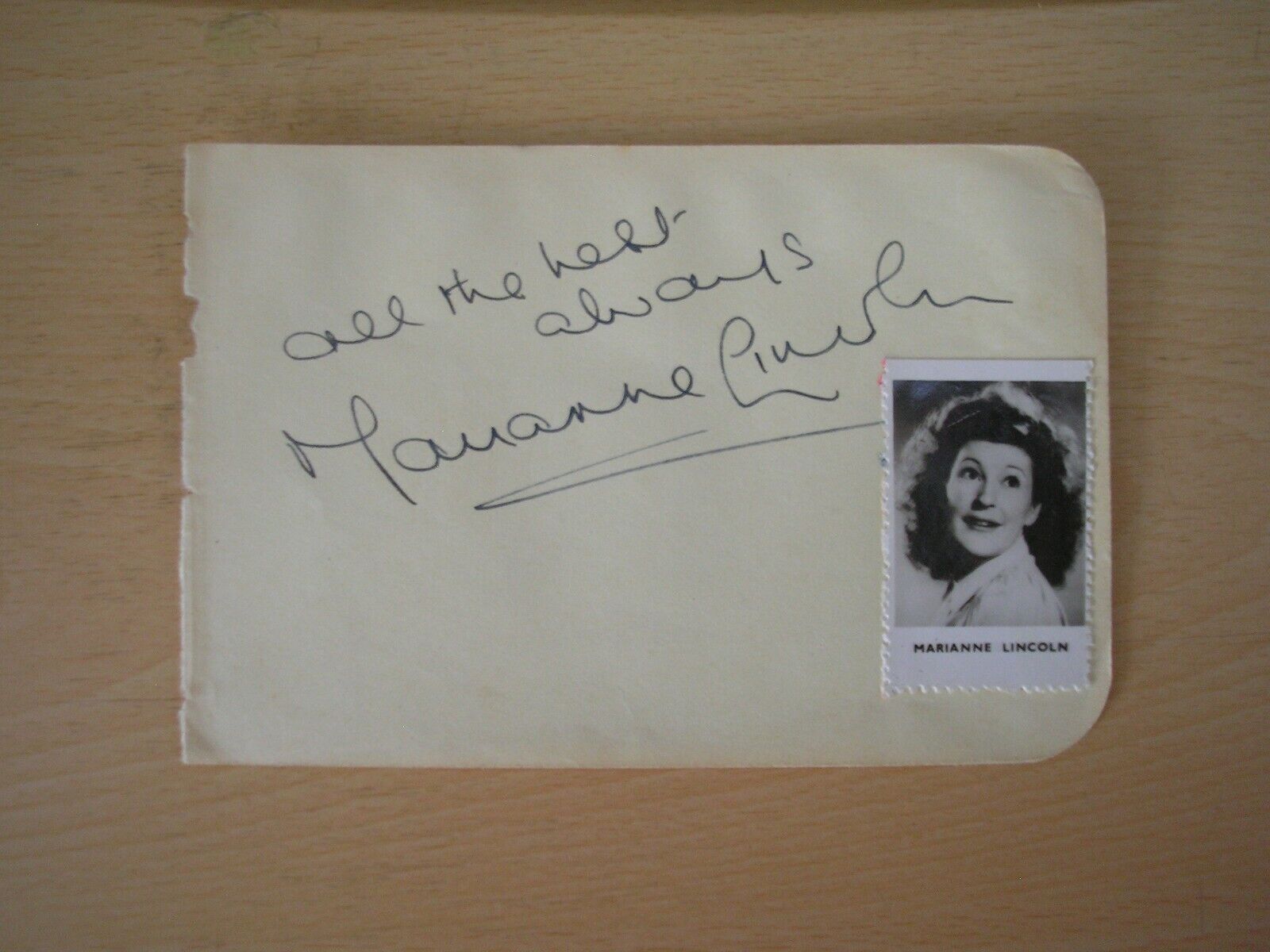 MARIANNE LINCOLN - ORIGINAL HAND-SIGNED ALBUM PAGE 1949 WITH SMALL PHOTO