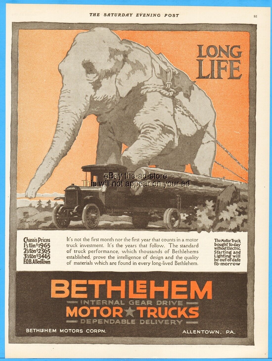 1919 Bethlehem Motors Logging Truck Ad Allentown Pennsylvania Elephant Art