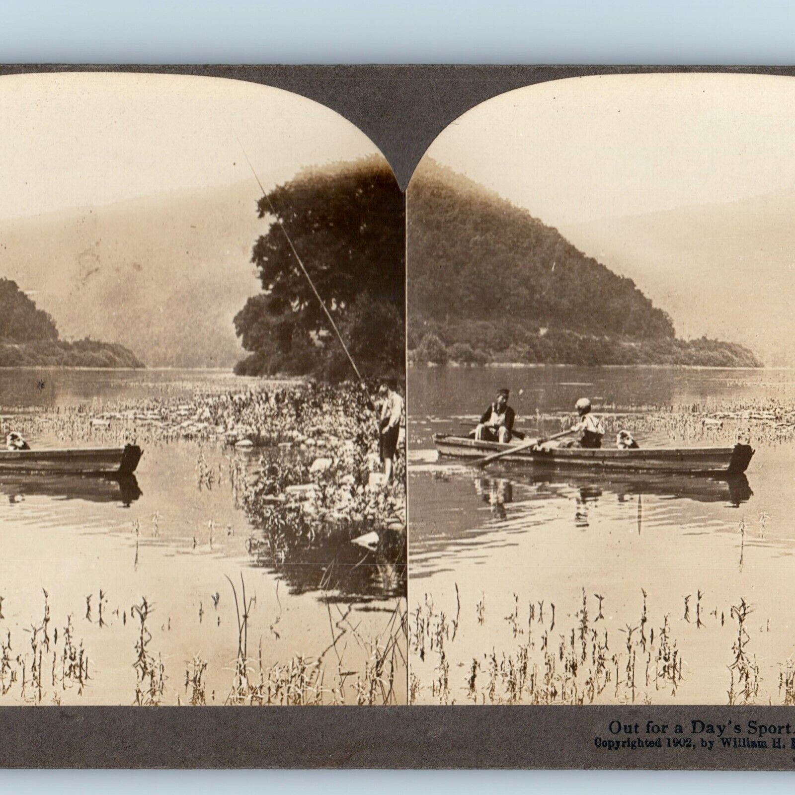 1902 Man Son & Dog Out for Day\'s Sport Fishing Real Photo Stereo William Rau V18