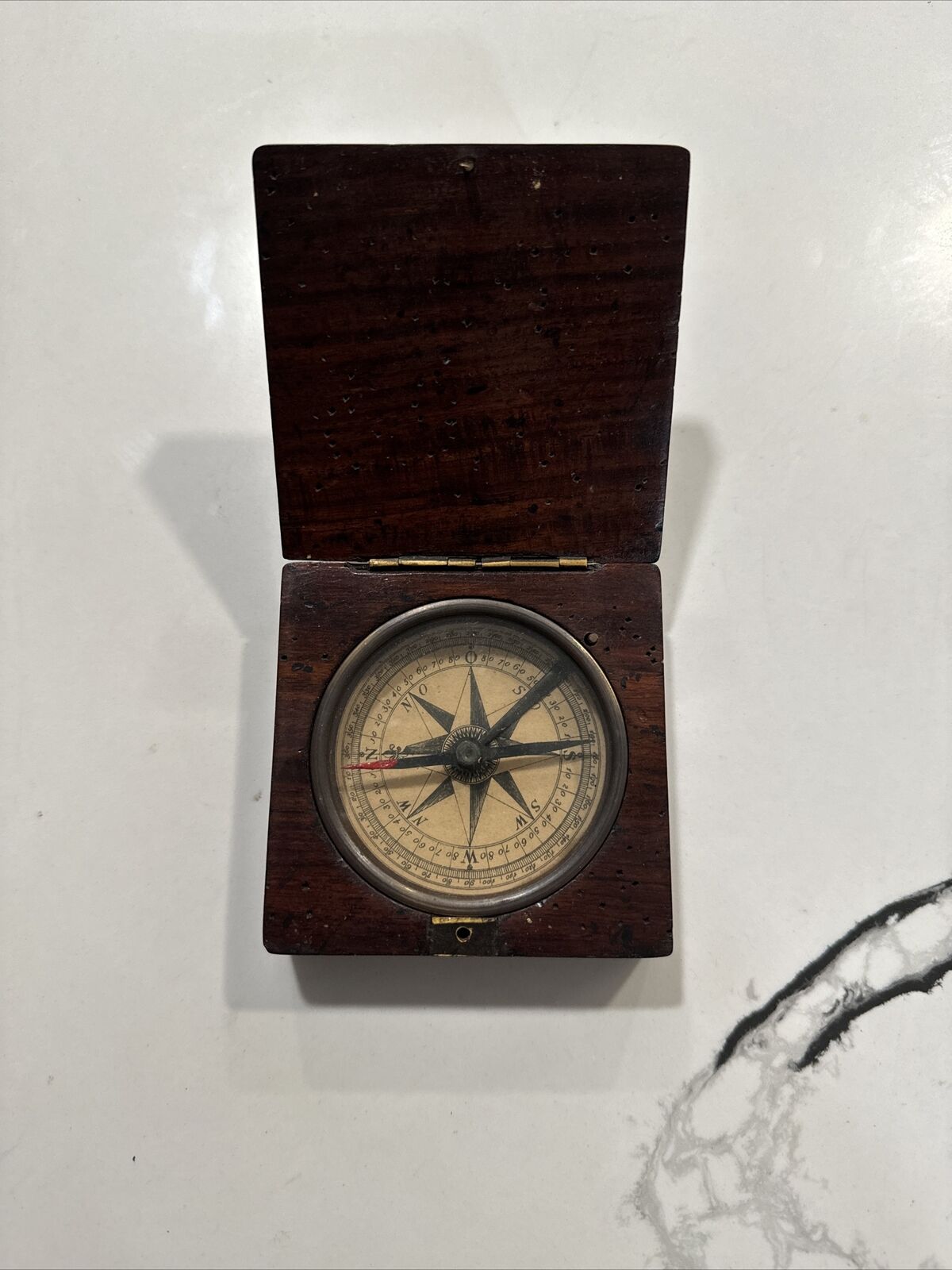 Antique original pocket Compass in wooden case with hinged lid 19th century