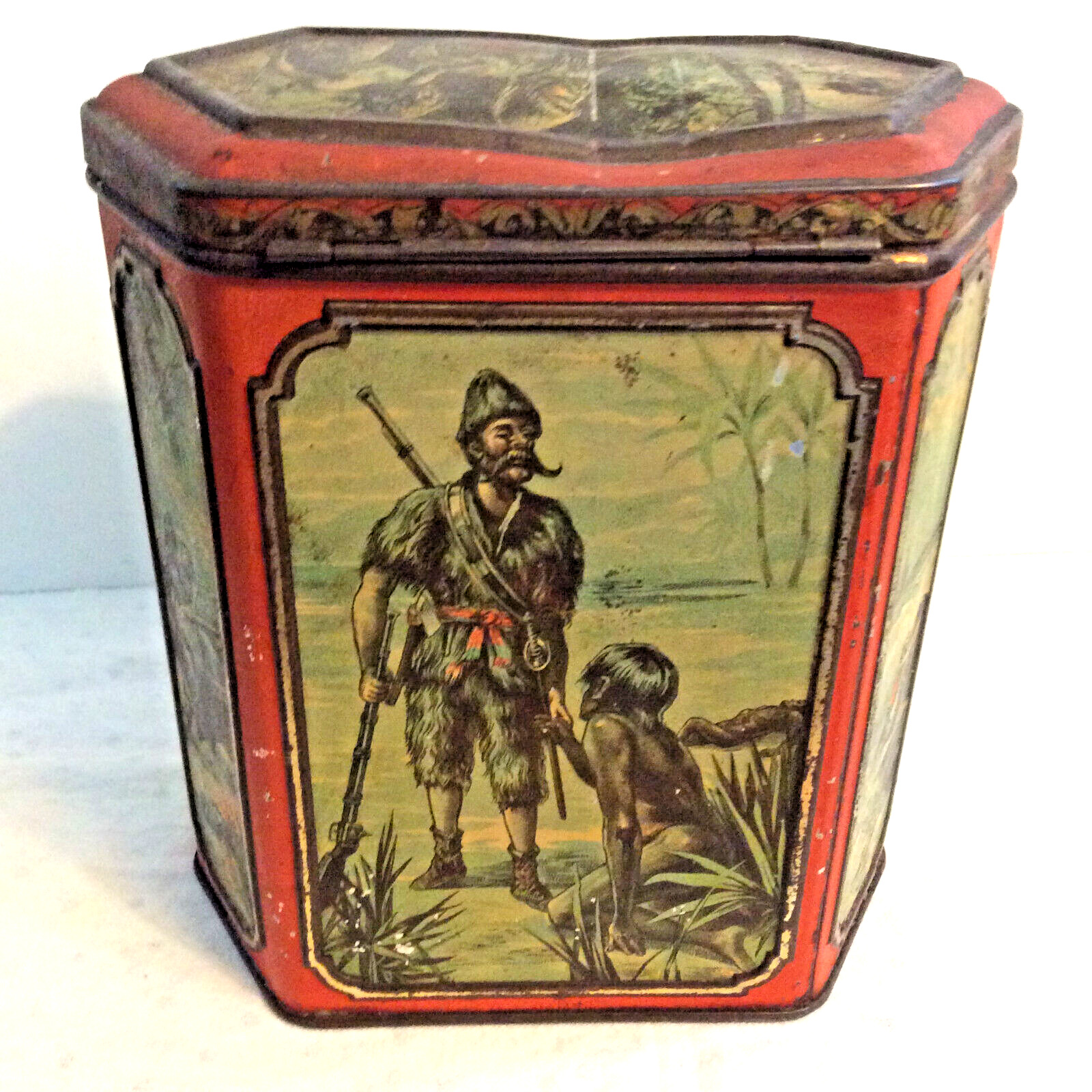 HUNTLEY & PALMERS Buscuit Tin ROBINSON CRUSOE 6 detailed picture Man Friday 1892