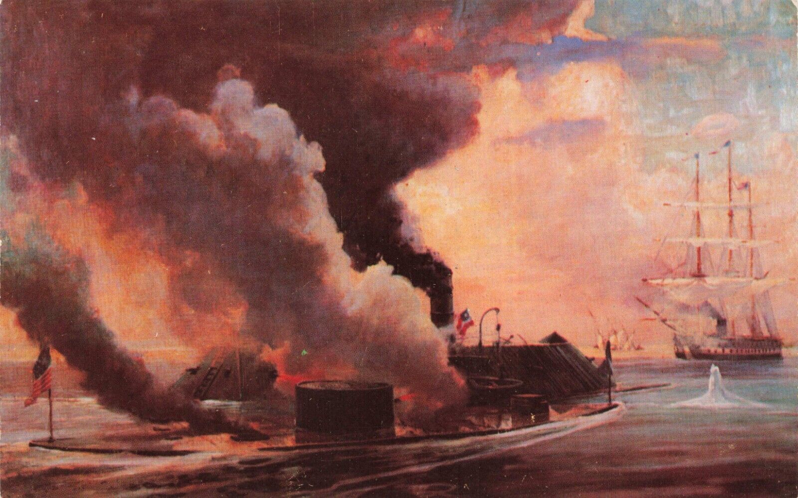 Postcard Civil War Battle of USS Monitor and Merrimack Hampton Roads Naval Smoke