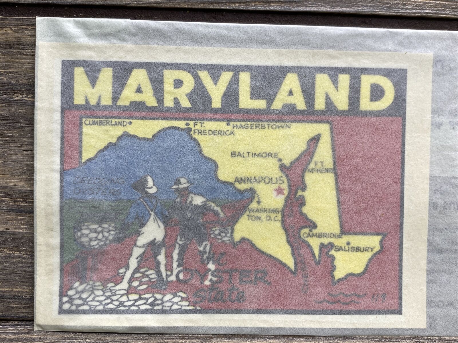 Vintage Baxter Lane Co Window Decal The Oyster State Maryland Yellow Red 4x3”