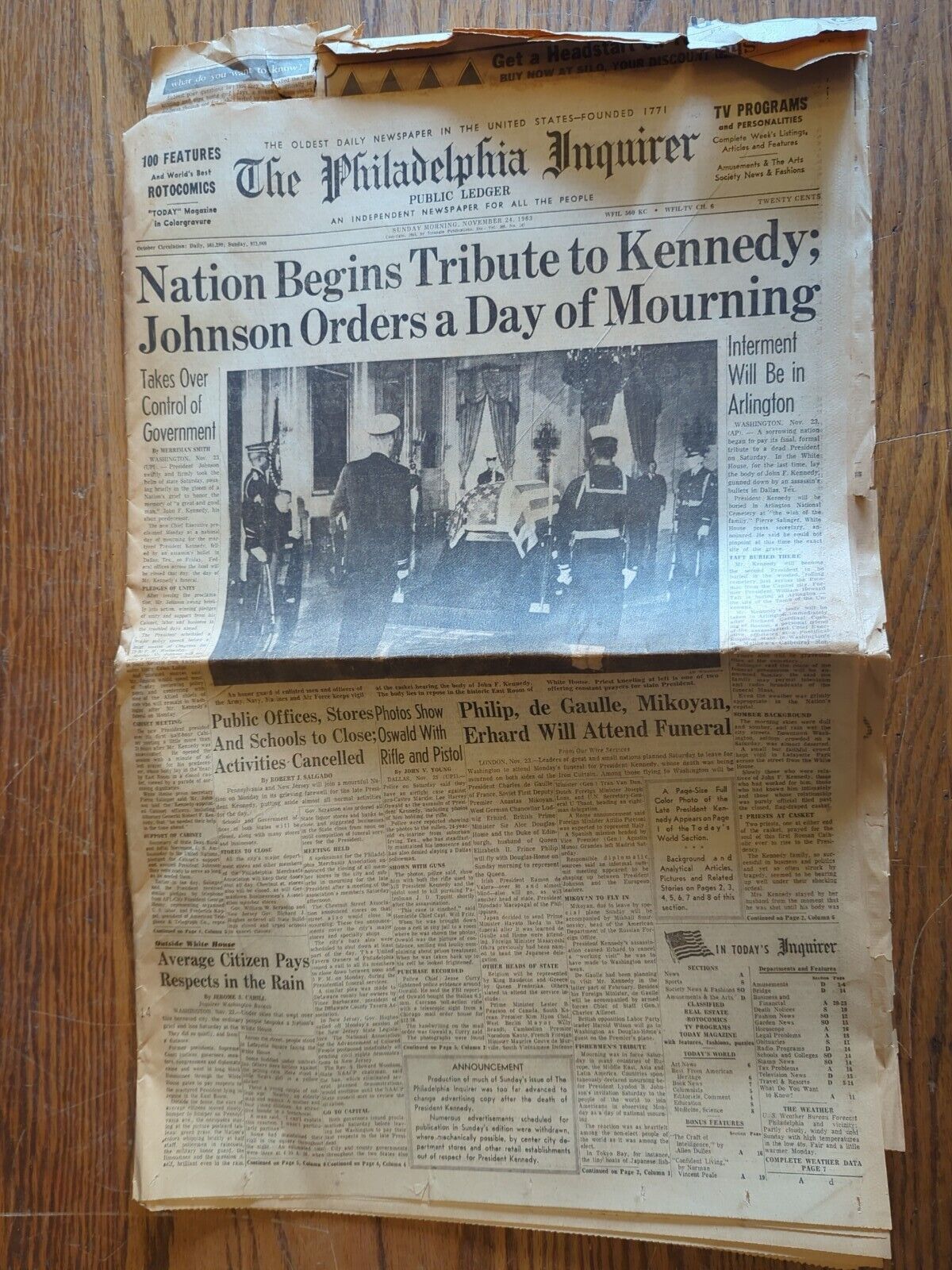 THE PHILADELPHIA INQUIRER NOVEMBER 24, 1963 JFK HISTORICAL NEWSPAPER RARE VTG