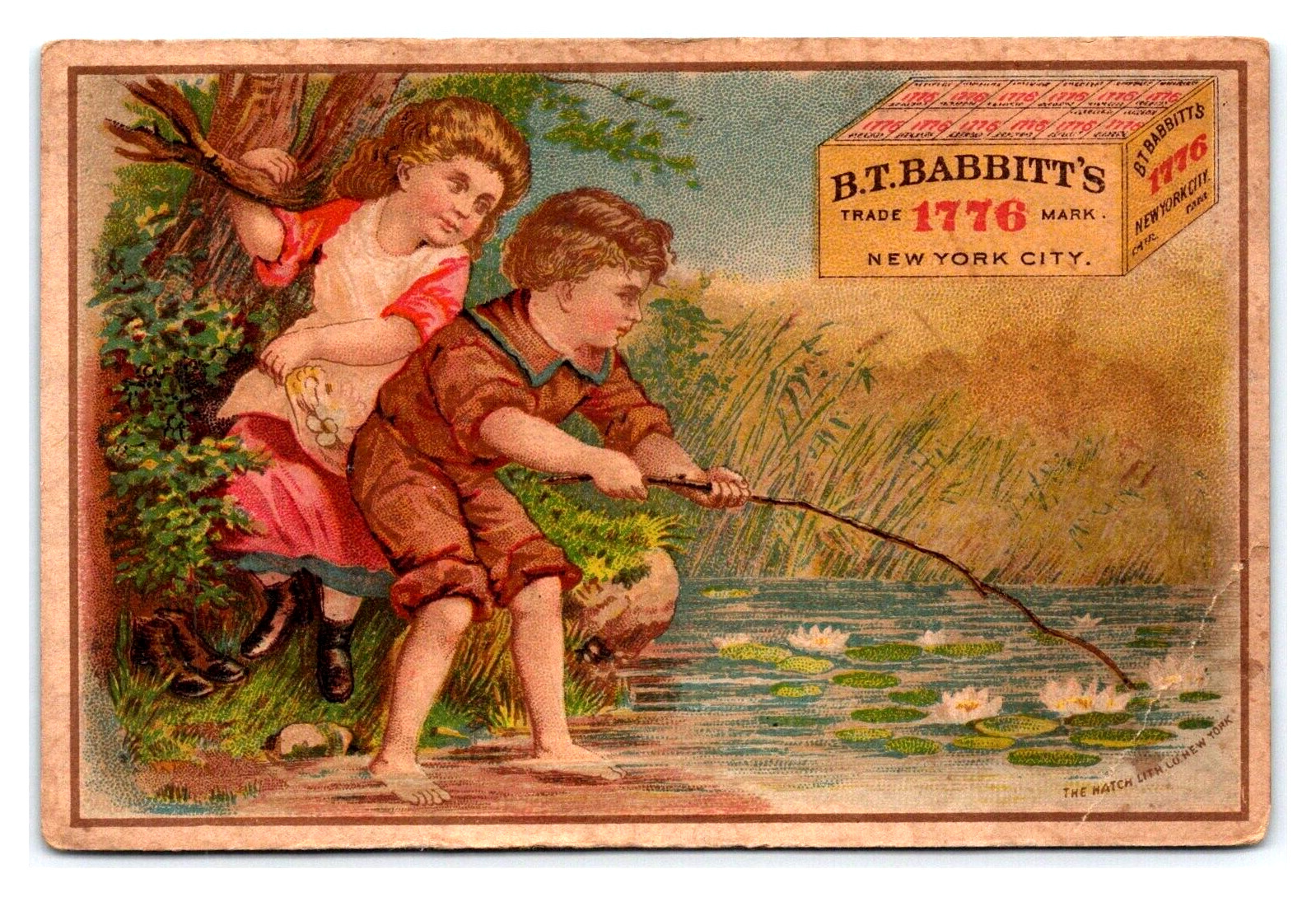 1870S-80S LOVELY KIDS LILLY POND FISHING BABBITT'S 1776 SOAP TRADE CARD