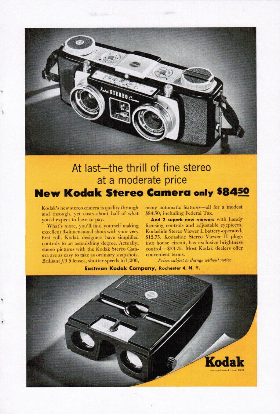 Vintage 1955 Kodak Stereo Camera Magazine Print Ad Photography Original