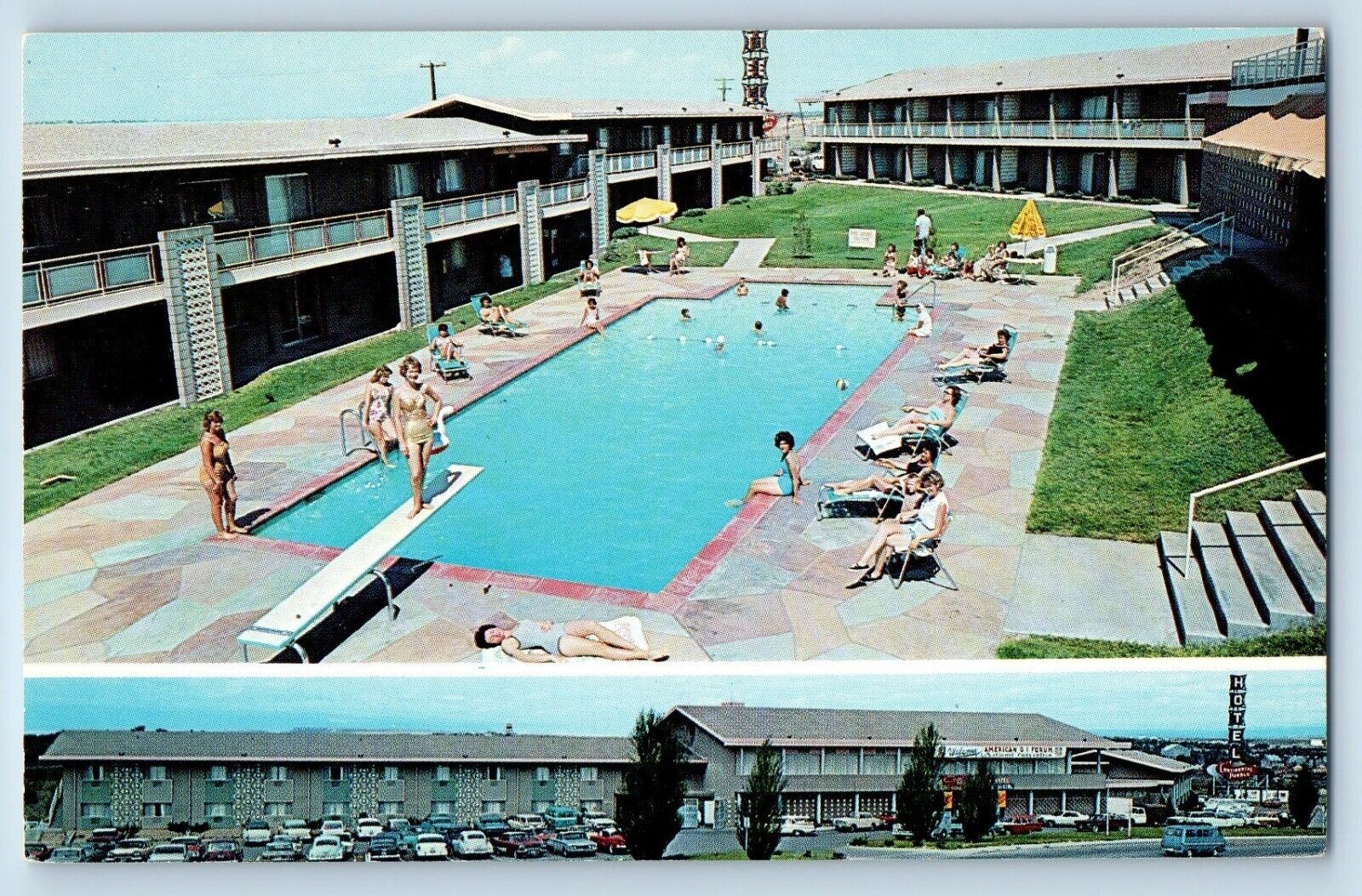 Pueblo Colorado Postcard Continental Pueblo Motor Hotel Heated Pool 1960 Vintage