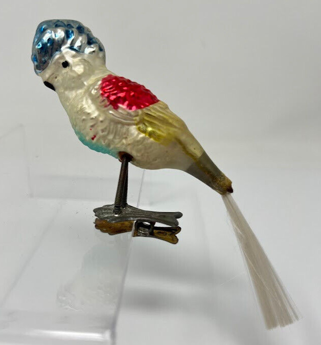 Vintage Christmas Glass Clip On Bird Parrot Ornament Blue Spun Tail