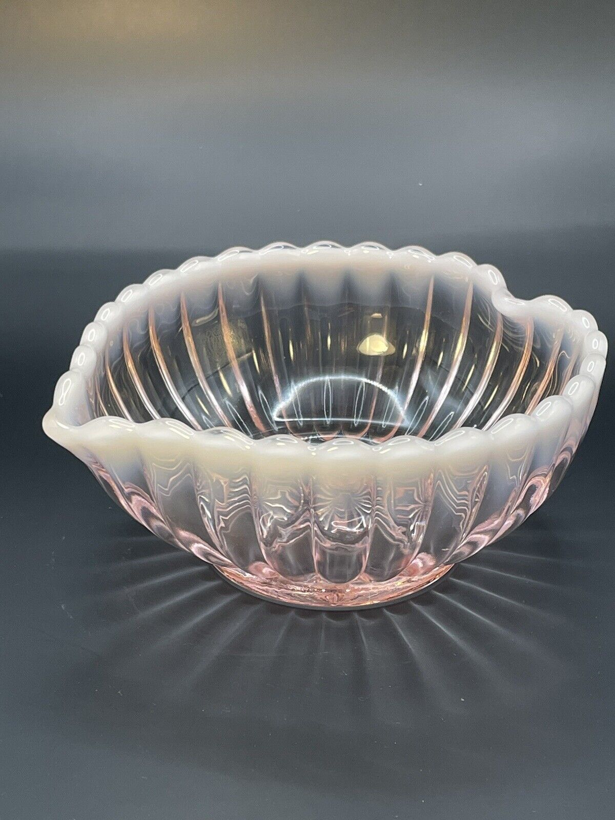 Fenton Art Glass Ribbed Pink Opalescent Heart Shaped Dish Bowl Vintage