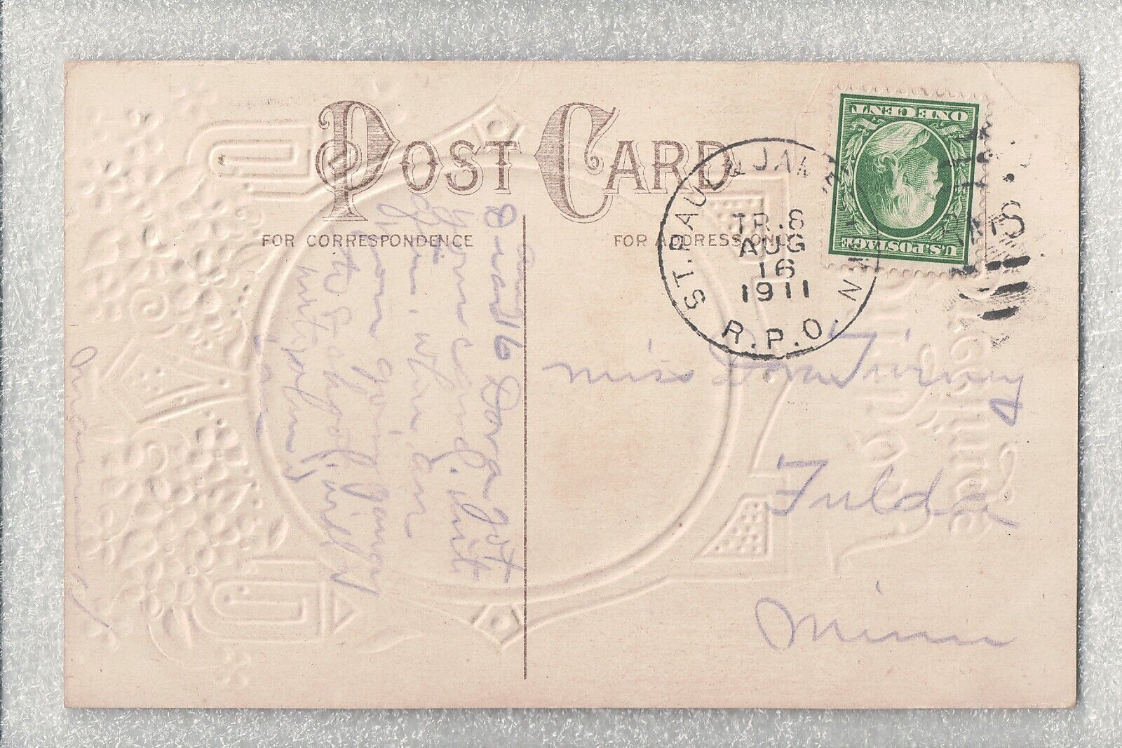 1911 RPO Postcard-Birthday Greetings-Fulda Minnesota