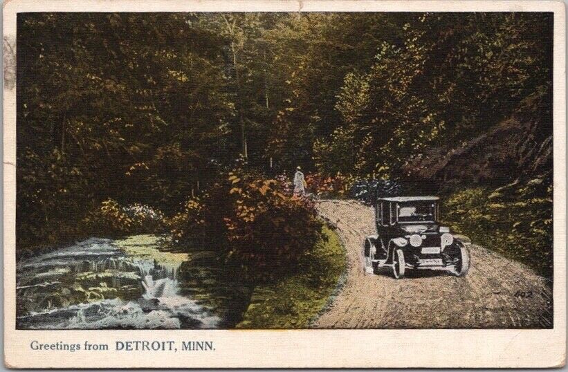 Vintage 1925 DETROIT Minnesota Greetings Postcard Automobile / River Road Scene
