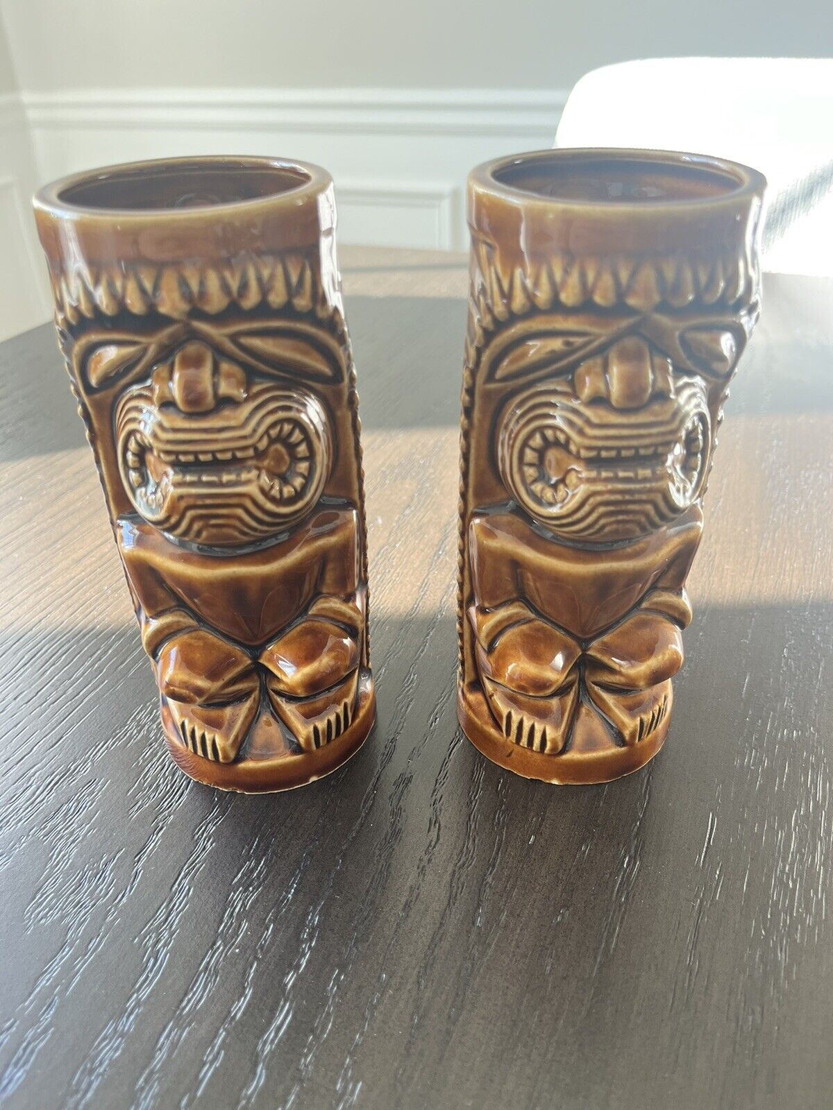 2 Vintage Brown and Gold ORCHIDS OF HAWAII Ceramic Tiki Mugs R-74