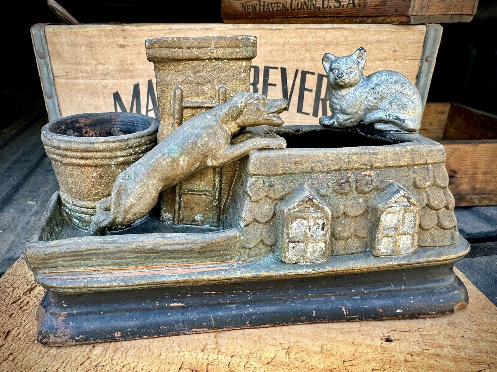 Rare Antique Terra Cotta Dog And Cat CIGAR CIGARETTE MATCH HOLDER Clay Victorian