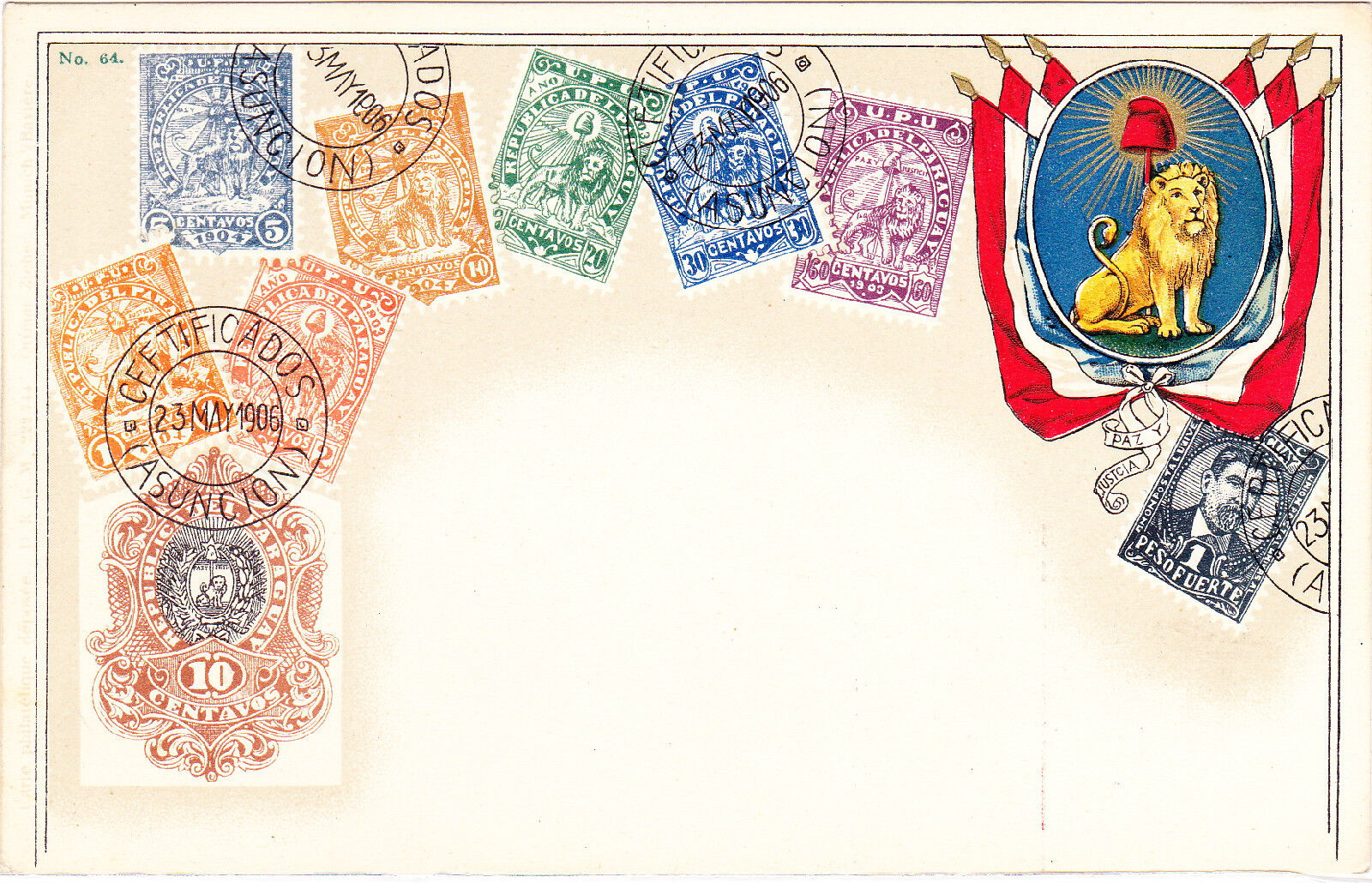 Ottmar Zieher STAMP postcards:No.64-PARAGUAY, 1901-03 series, MINT, not embossed