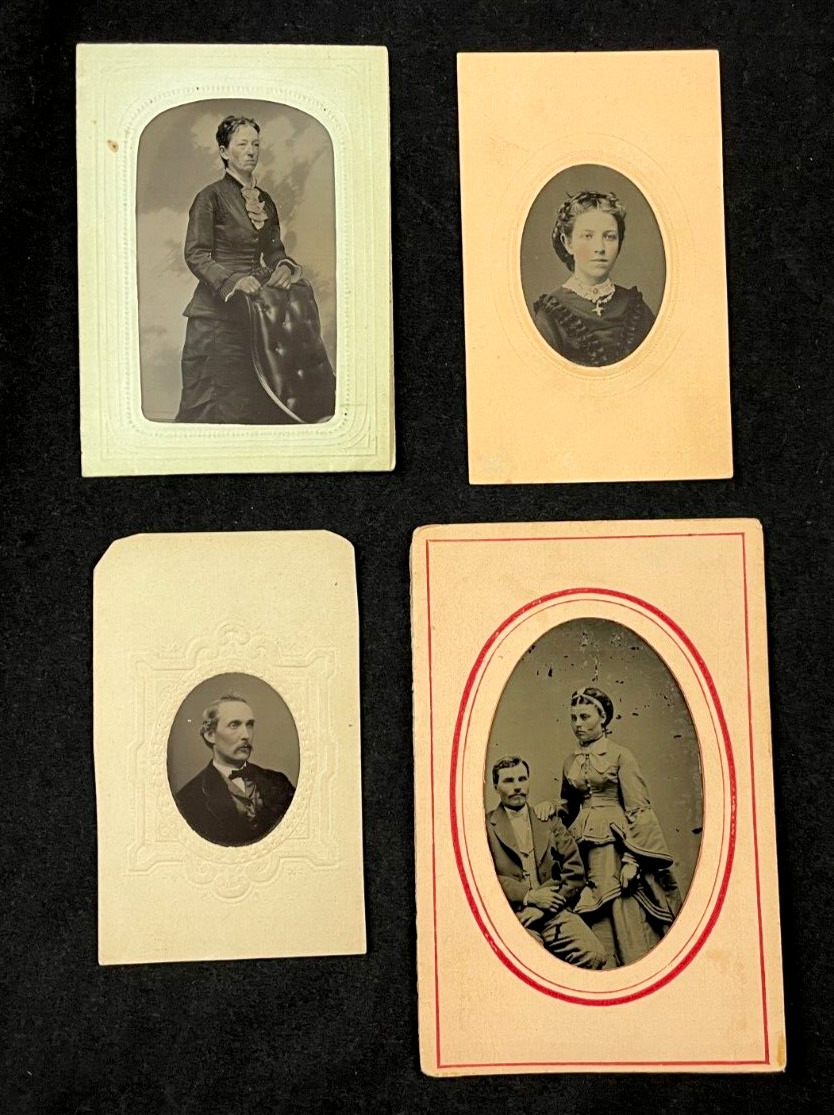 4-PC LOT ANTIQUE TINTYPE PHOTOS OF COUPLE LADIES MAN WITH PAPER FRAMES GOOD
