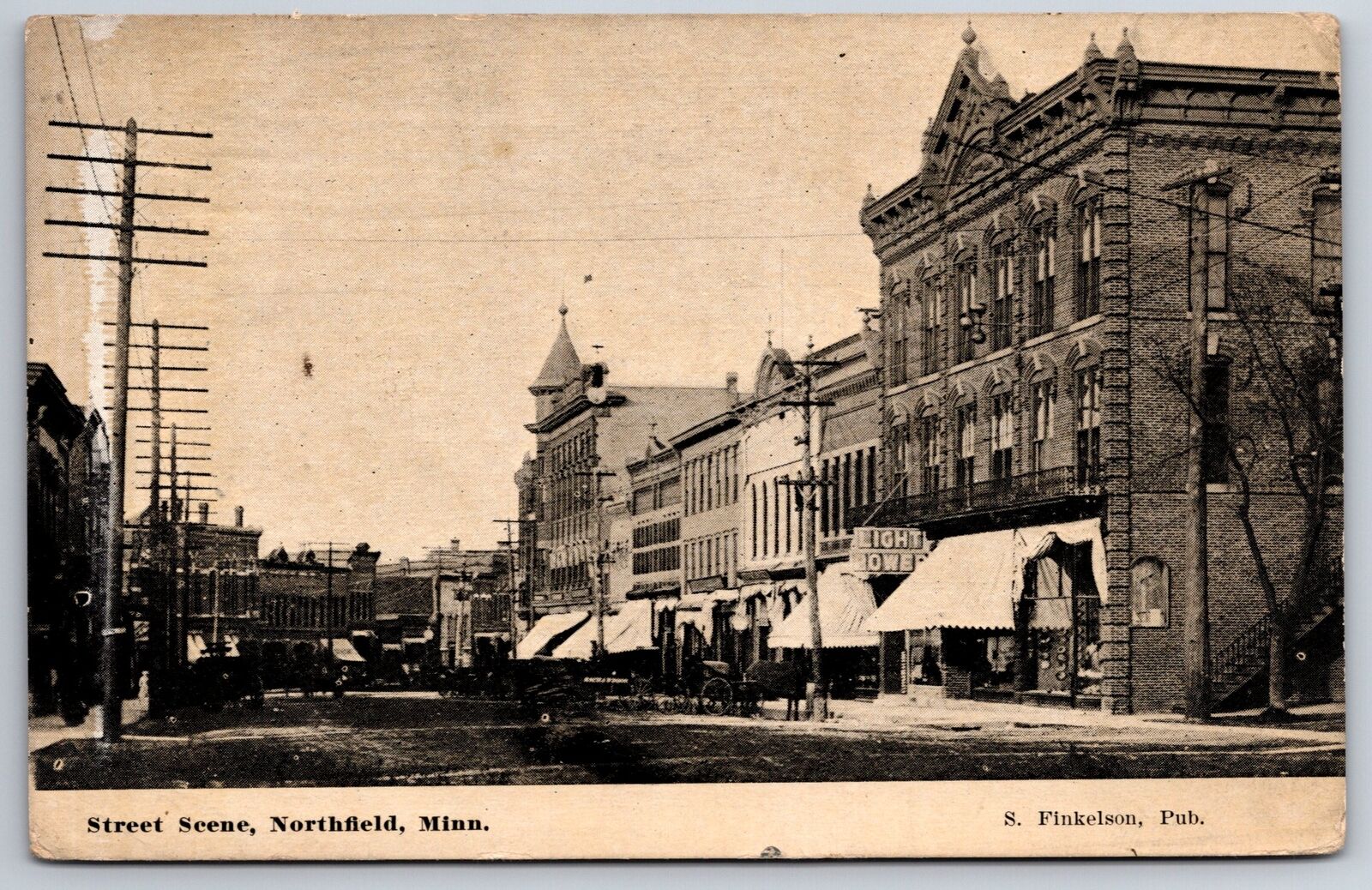 Northfield Minnesota~Main St Turns Corner~Light & Power~Horse & Wagons 1913 PC