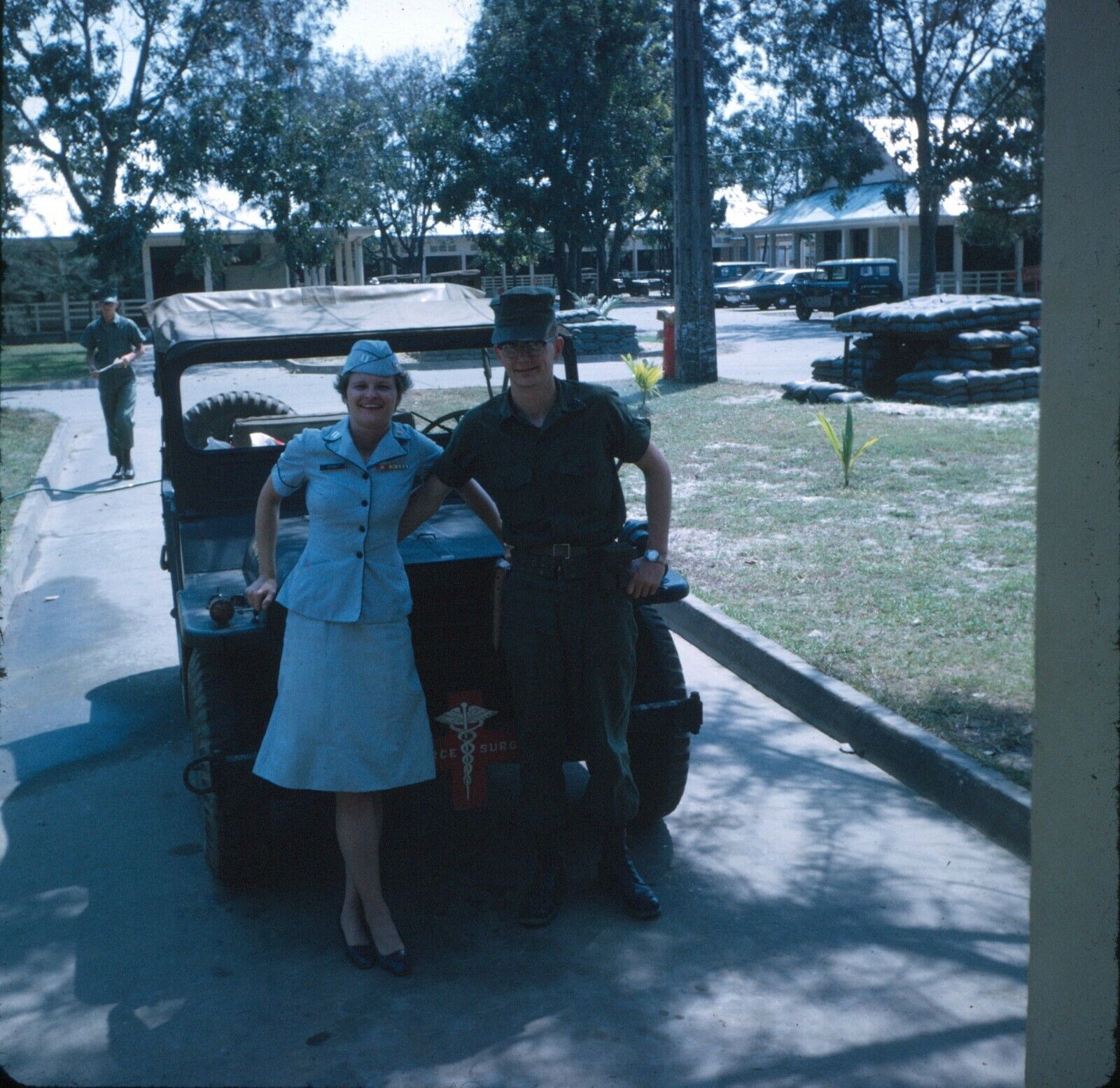 1969 Nurse Soldier Standing by Jeep Vietnam War Vintage 126 Slide