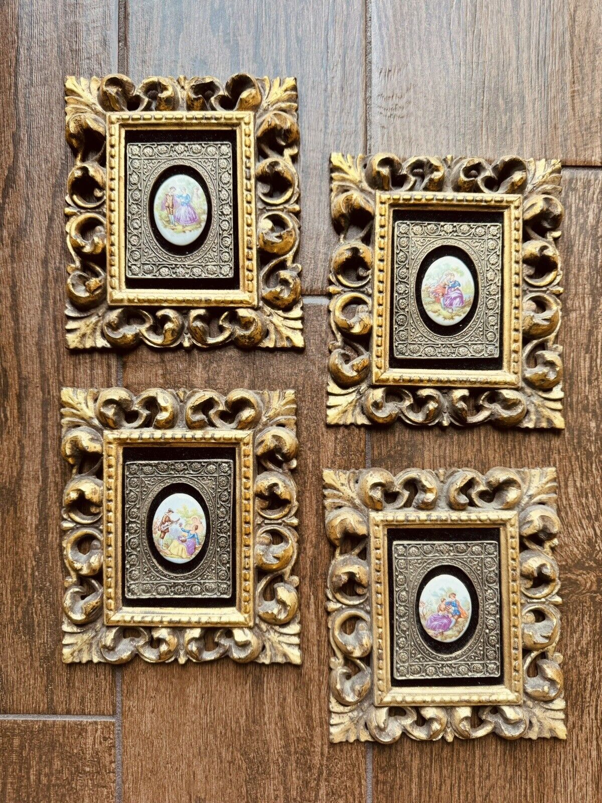 Vintage  SET Of 4 Fragonard Porcelain Cameos On Velvet Ornate Frame Wall Plaques