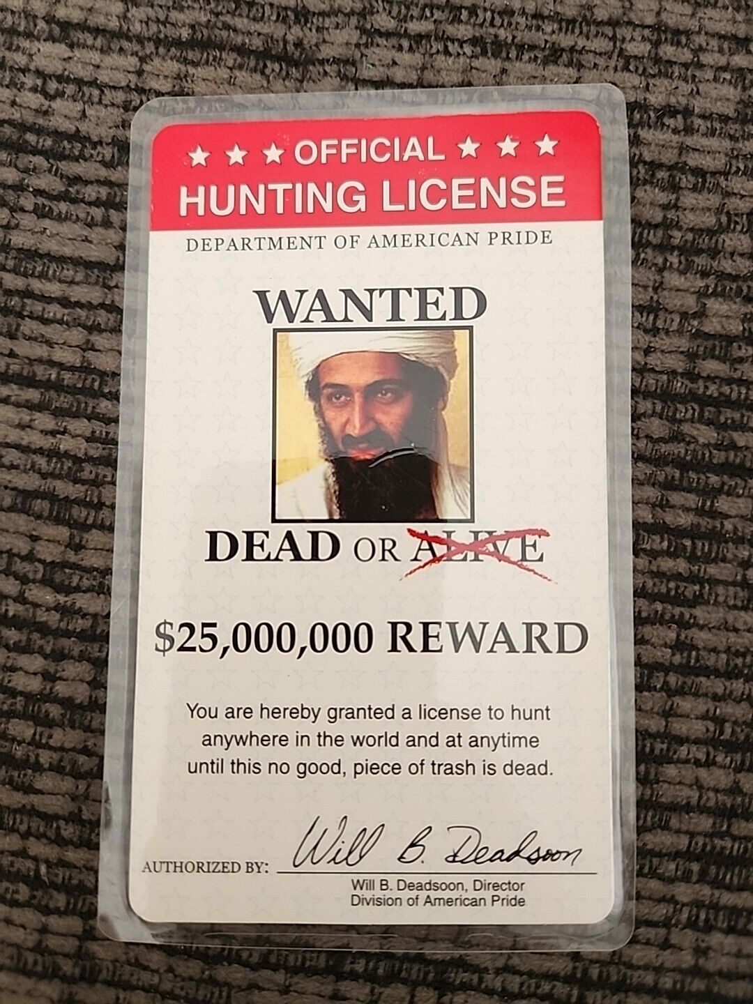 Vintage Osama Bin Laden Hunting License Gimic Card