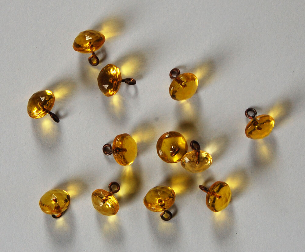 VINTAGE CITRINE YELLOW GLASS BUTTON ANTIQUE FACETED BEAD BRASS SHANK 7mm BUTTONS