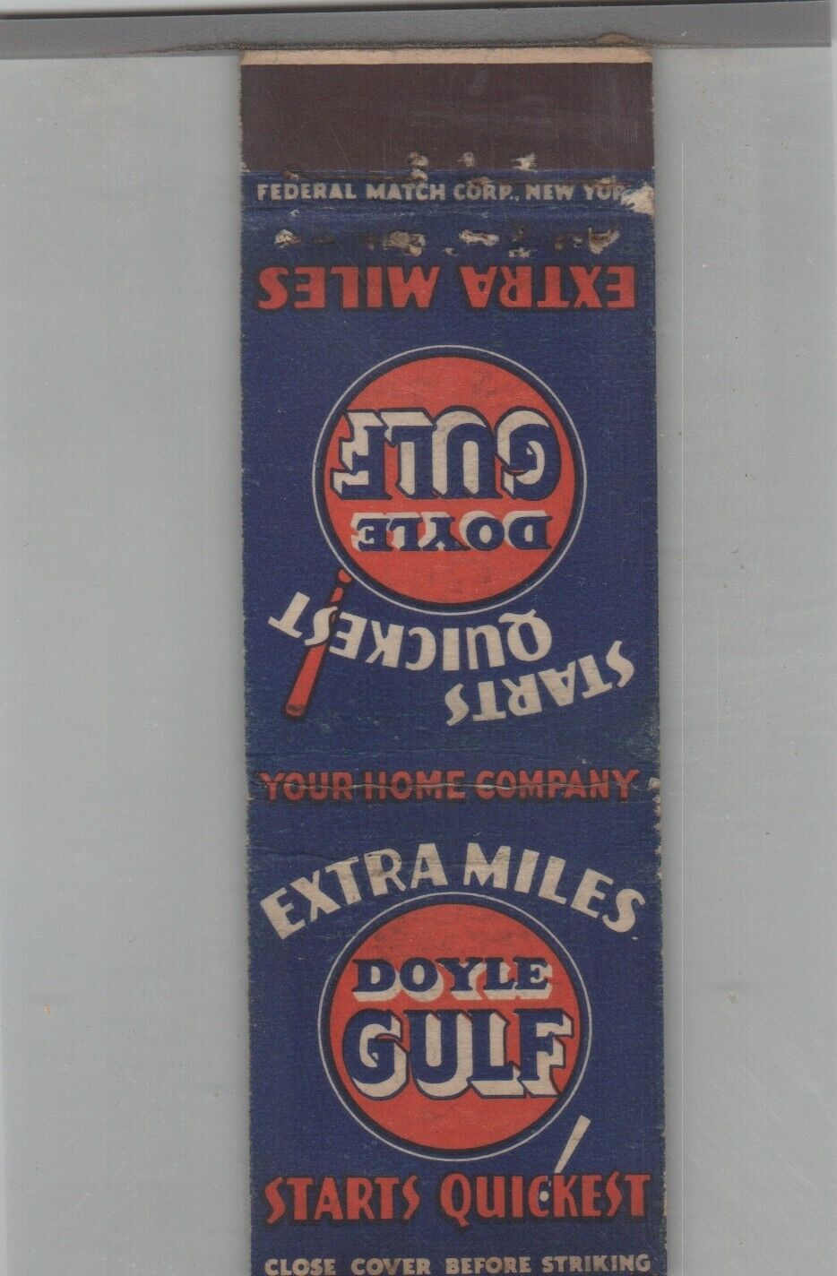 Matchbook Cover Federal Match Co Doyle Gulf Extra Miles Starts Quickest