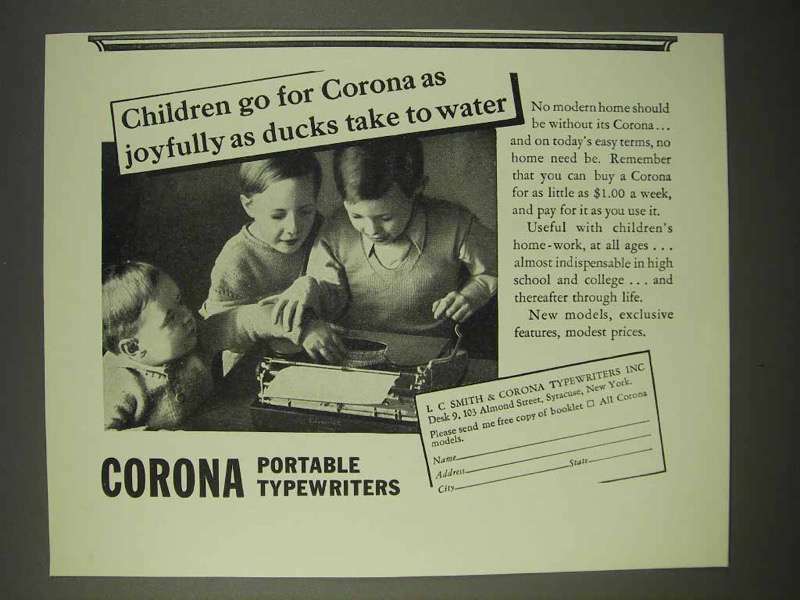 1936 Corona Typewriter Ad - Children Go For