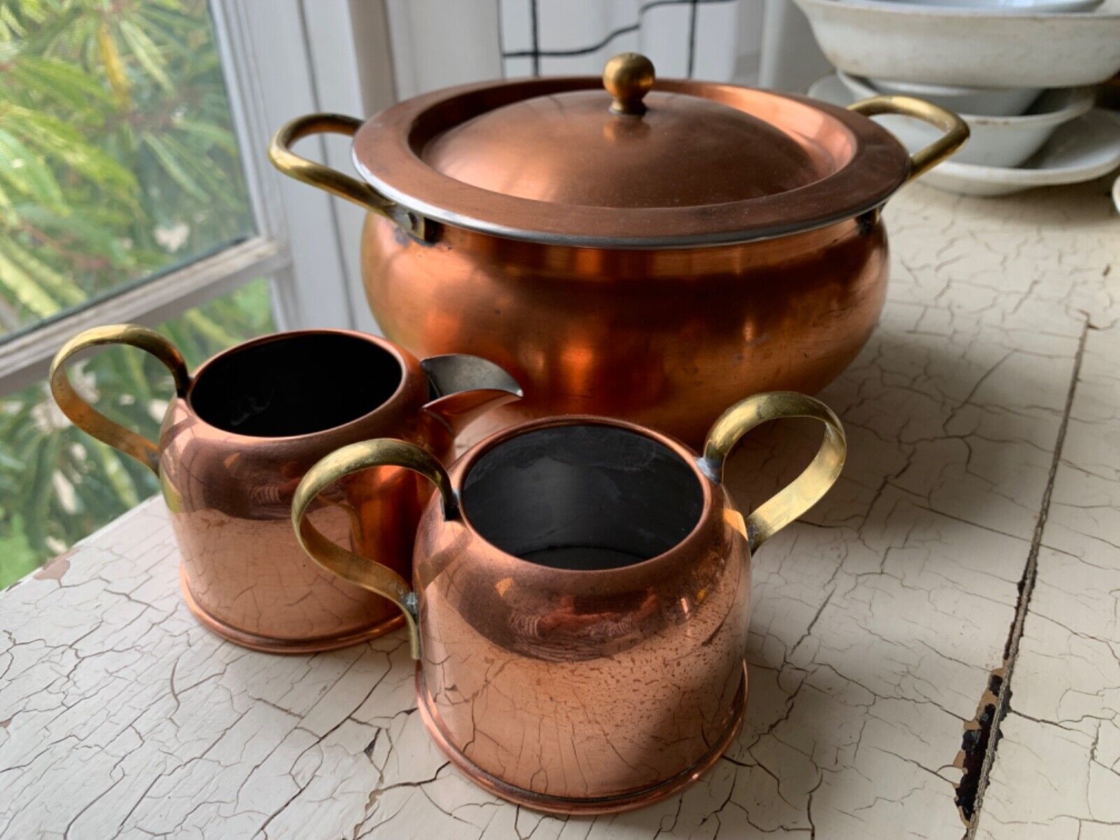 Copper Cream and Sugar Set Vintage Coppercraft Guild Farmhouse Primitive Pot Lid