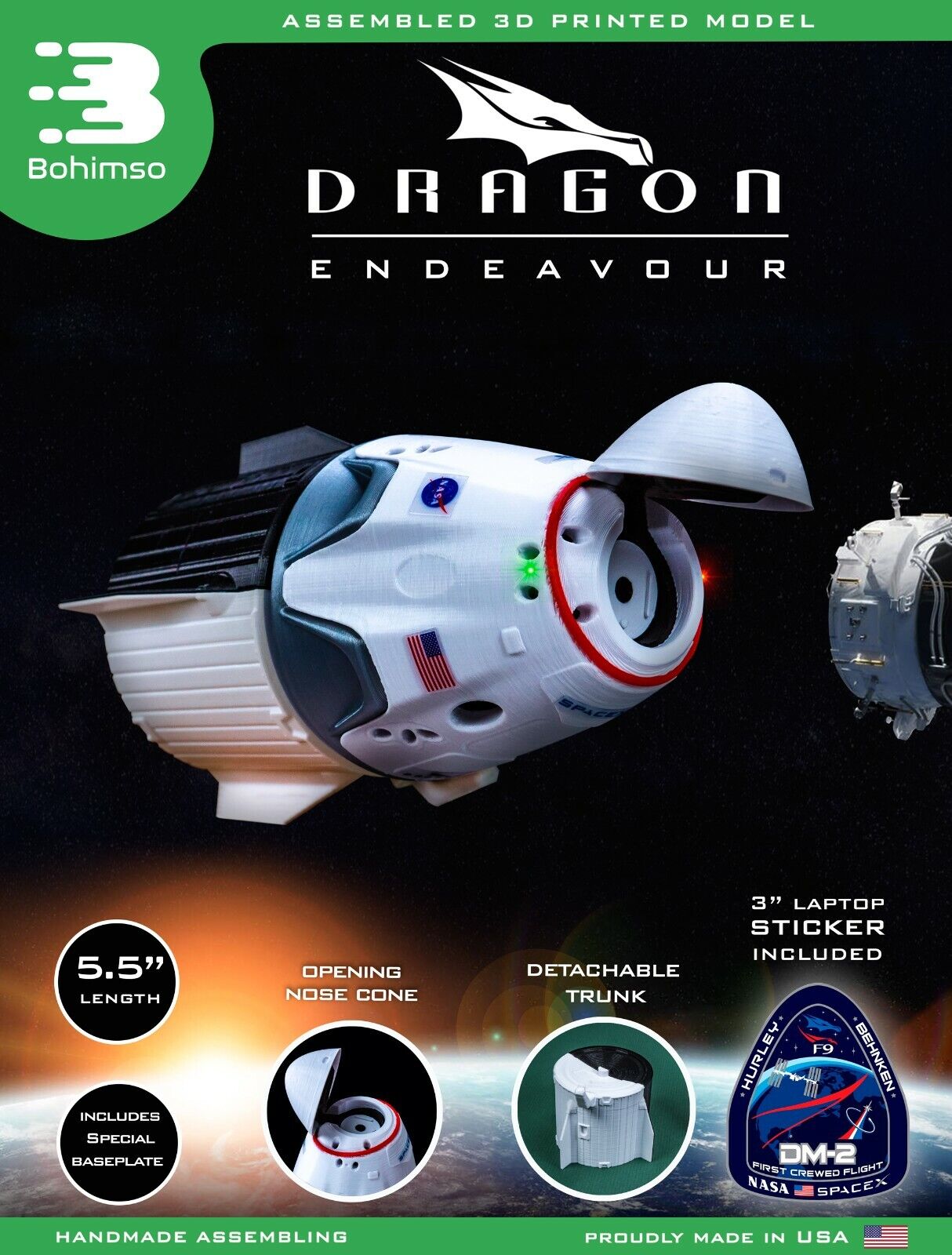 DRAGON 2 Endeavour Plastic Model SpaceX NASA Capsule Spacecraft 3D Print