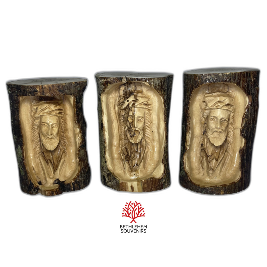 A Lot Of Three Olive Wood Hand Carved Jesus Face Masterpice Bethlehem Art Craft