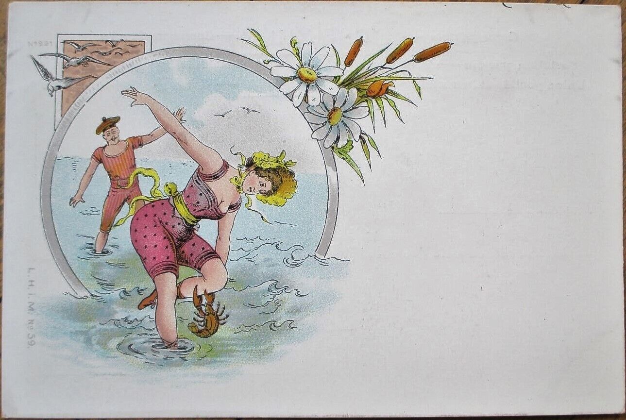 Risque 1903 Postcard, Lobster and Bathing Beauty in Water, Color Litho