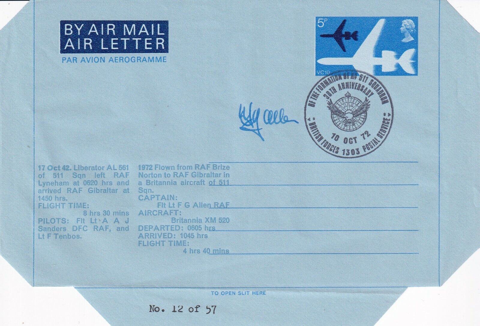 RAF7a  RAFM Air Letter 30th Anniv Formation of  511 Sqn,Flown  Signed  