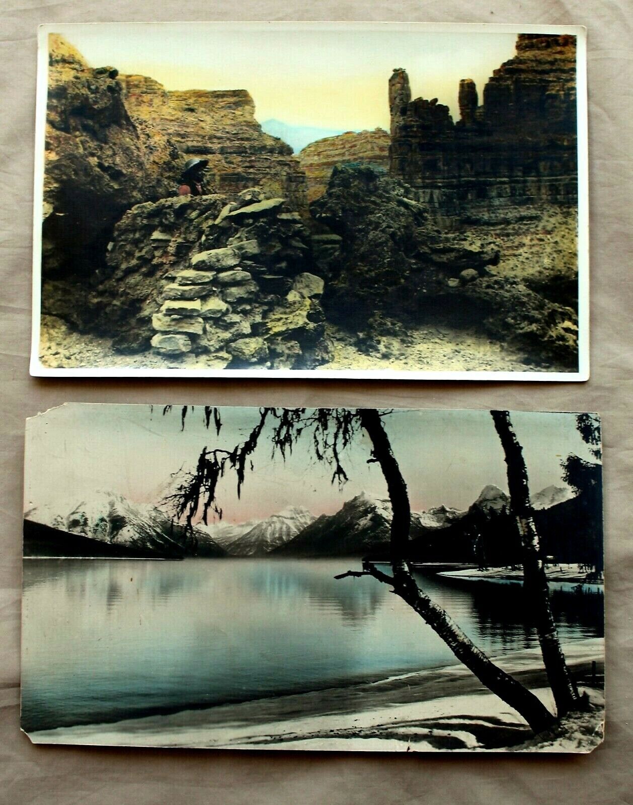 2 Antique Tinted Western Photos (Cataract Canyon AZ, Lake McDonald, MT) c. 1915
