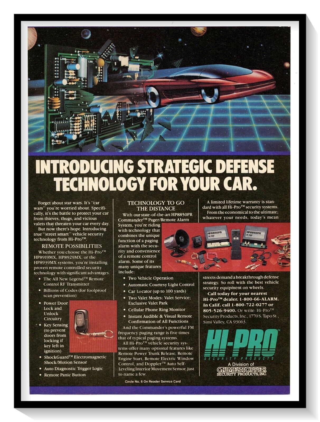 Hi-Pro Car Security Products Print Ad Vintage 1989 Magazine Advertisement