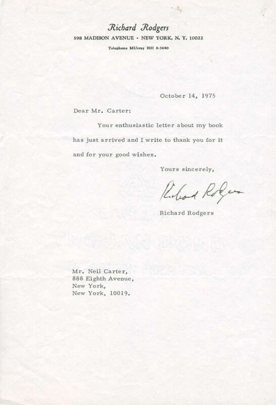 RICHARD RODGERS - TYPED LETTER SIGNED 10/14/1975