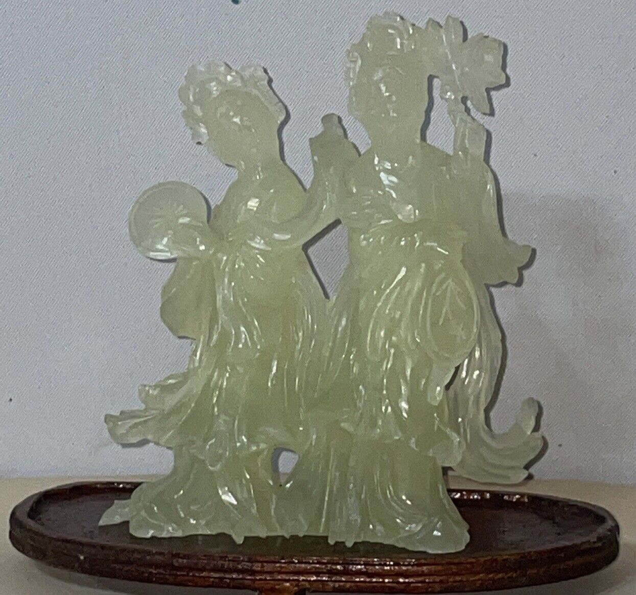 Vintage Chinese Jade Carving Two Ladies With Fan Statue With Base Gift Female