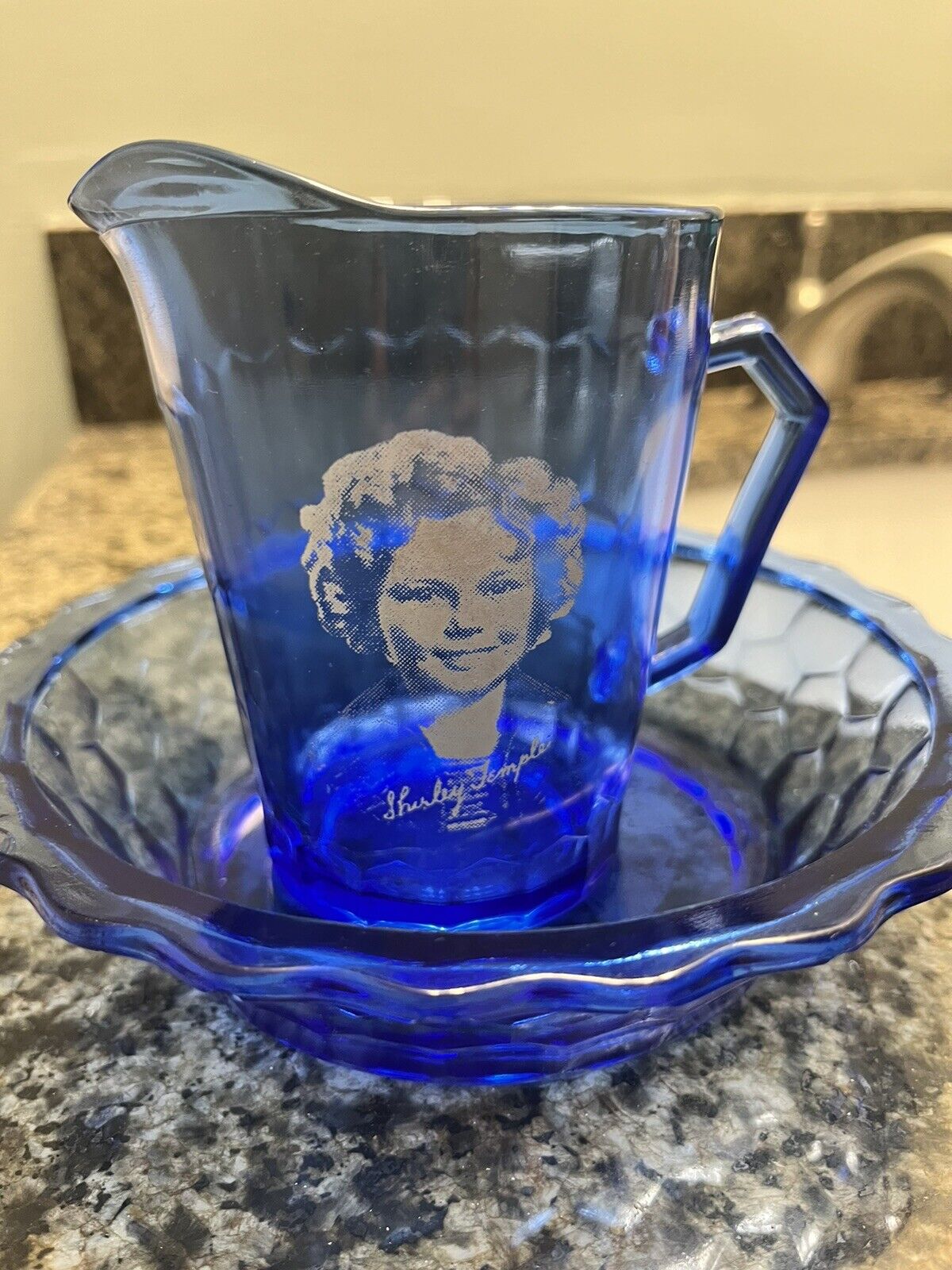 Vintage 1930’s Shirley Temple Blue Depression Glass Bowl & Pitcher Set