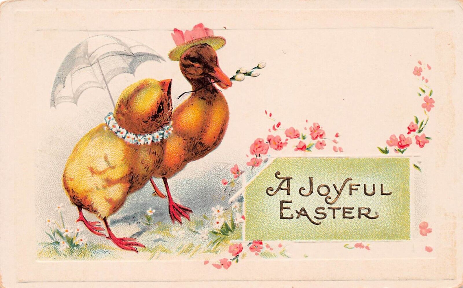 Antique Easter Card Fantasy Chick Duck Couple Umbrella Flowers Vtg Postcard D8