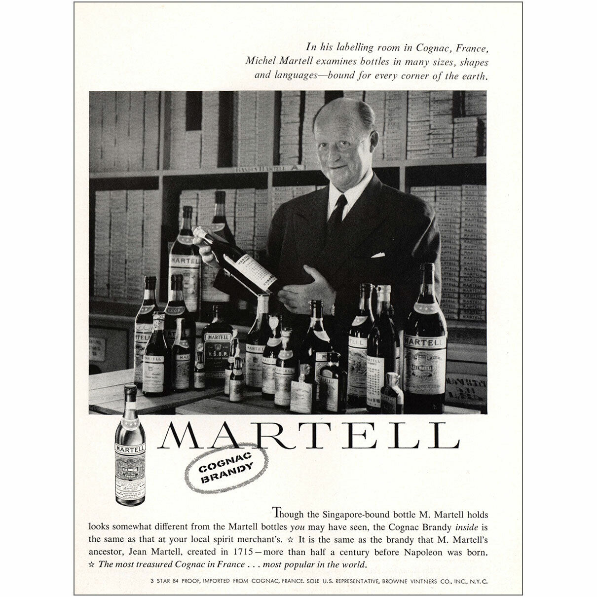 1959 Martell Cognac Brandy: Labelling Room in Cognac Vintage Print Ad