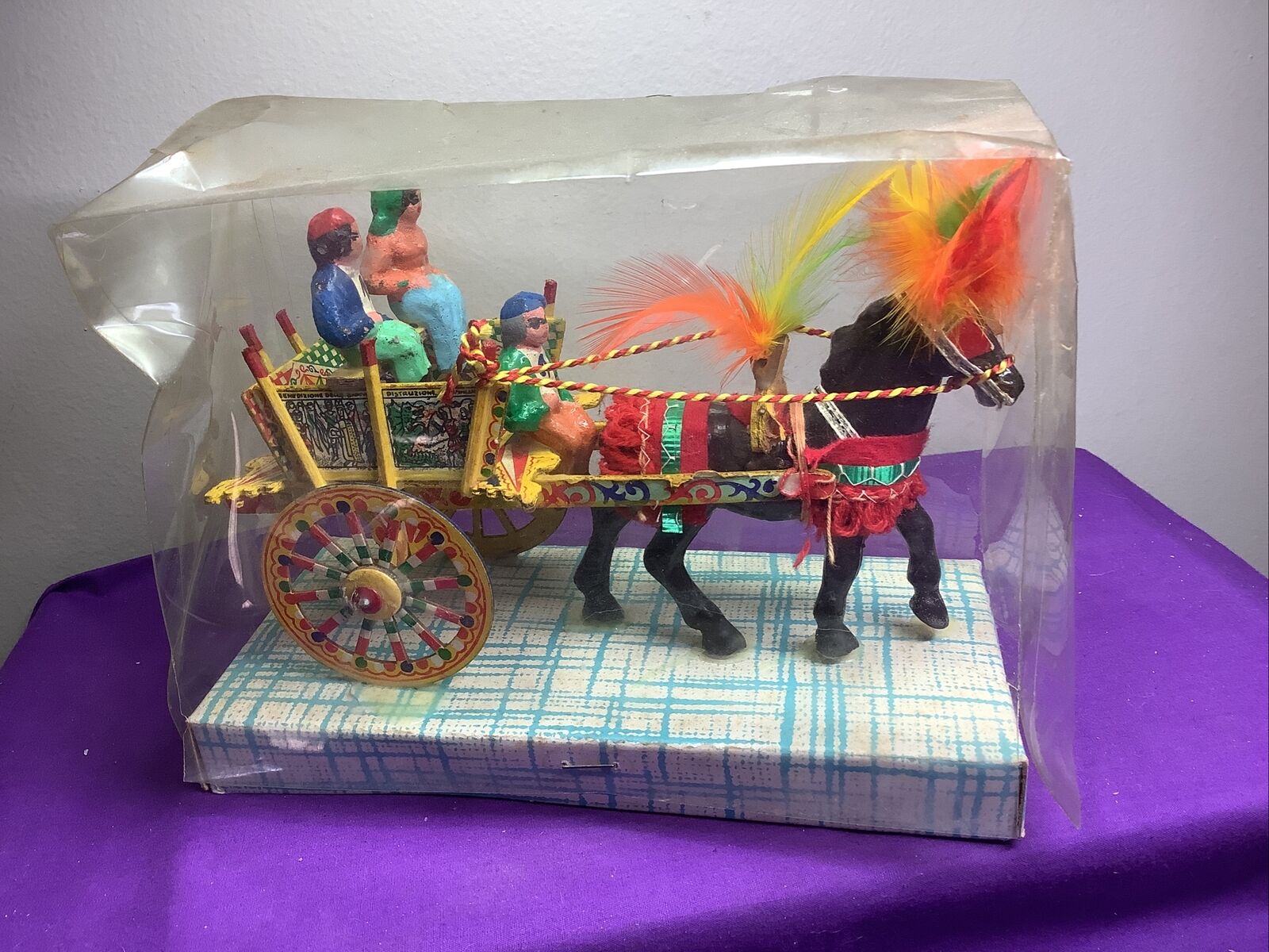 Vintage NEW Sicilian Folk Art Pony Cart Donkey Horse People Authentic Wood   817