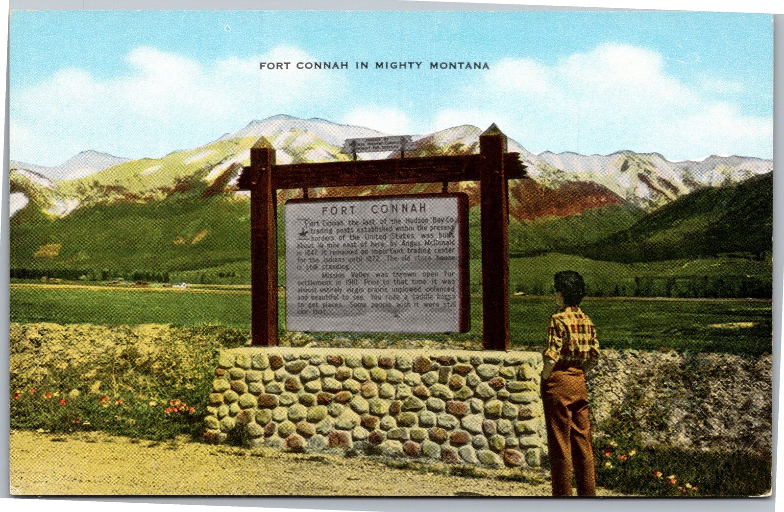 Postcard MT Fort Connah person reading information sign