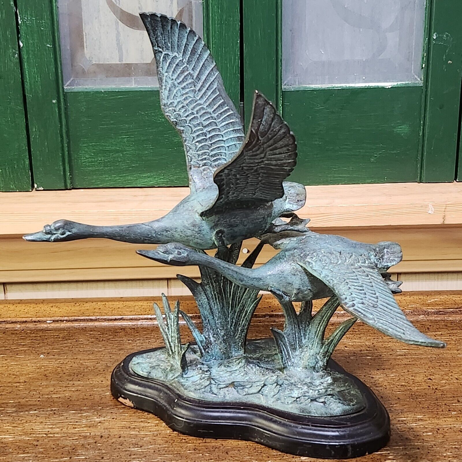 Vintage Bronze Geese in Flight Sculpture Patina Wildlife Decor Figurine On Base
