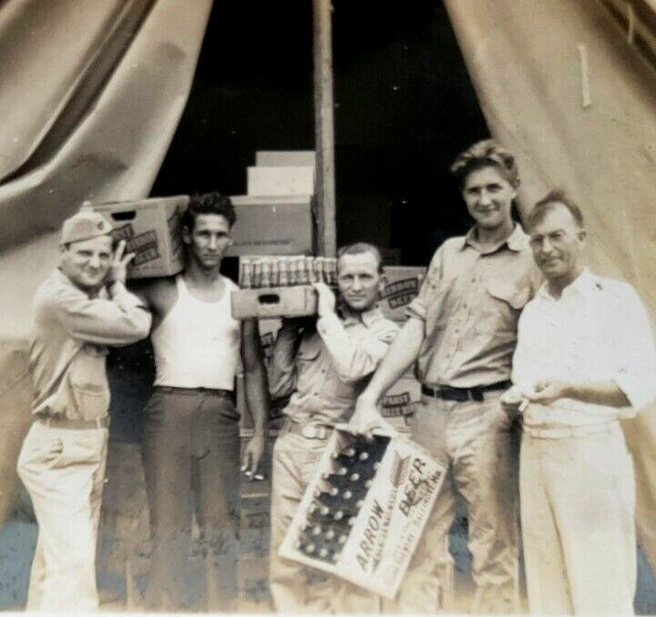 WWII Era US Soldiers in Uniform in Tent 1942 Stocking Up on Arrow Beer Org Photo