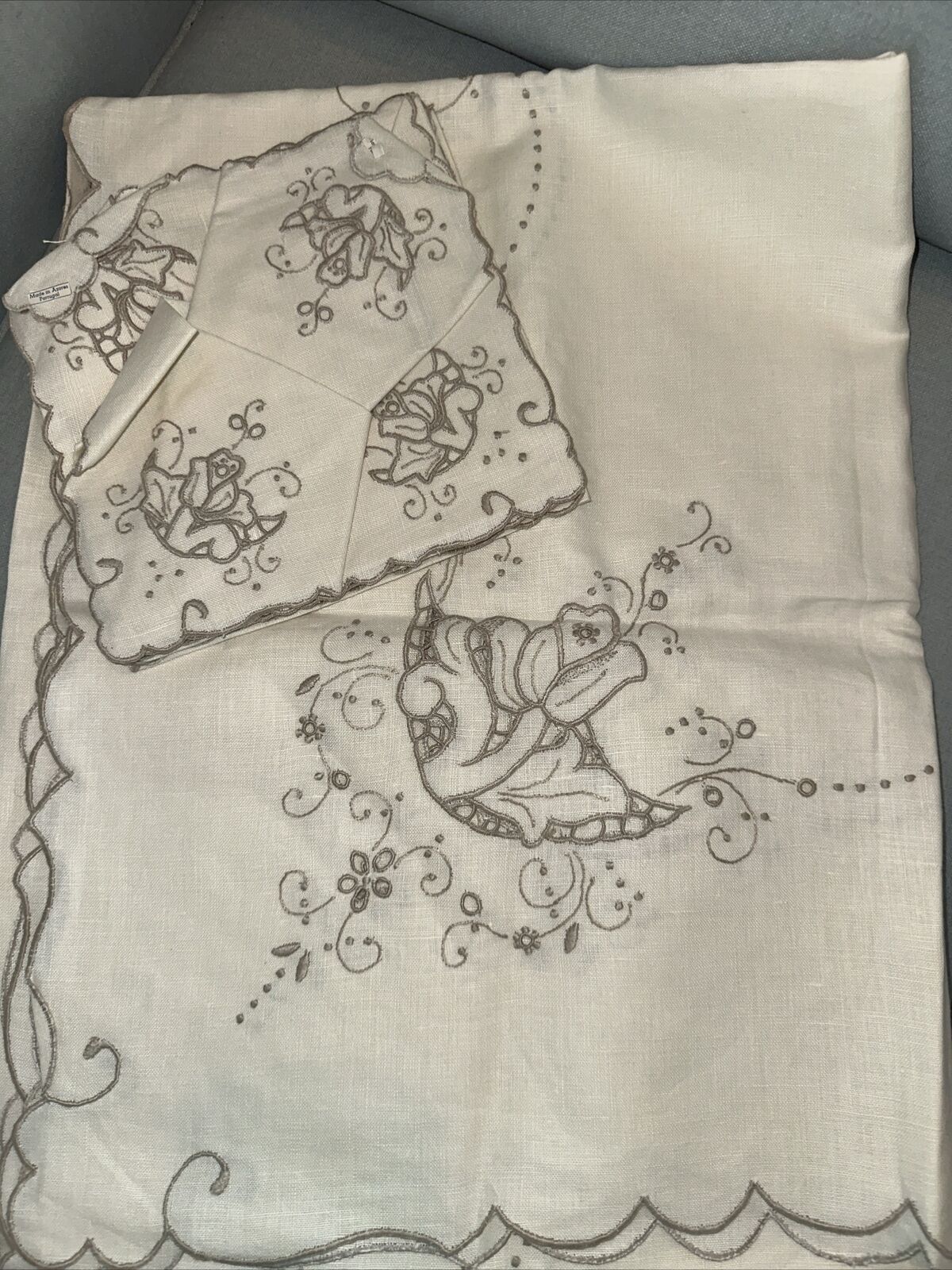 Vintage Pure Linen Table Cloth Hand Embroidery, Made In Portugal 62”x82”