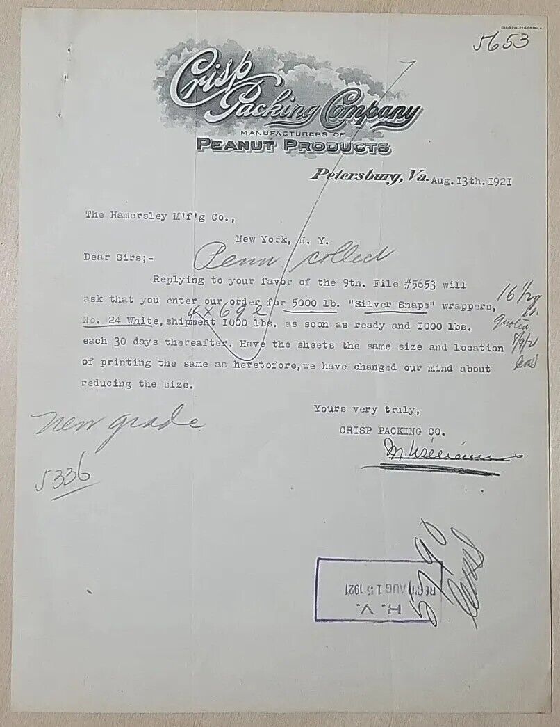 1921 Antique Document, Crisp Packing Company, Petersburg, VA. signed