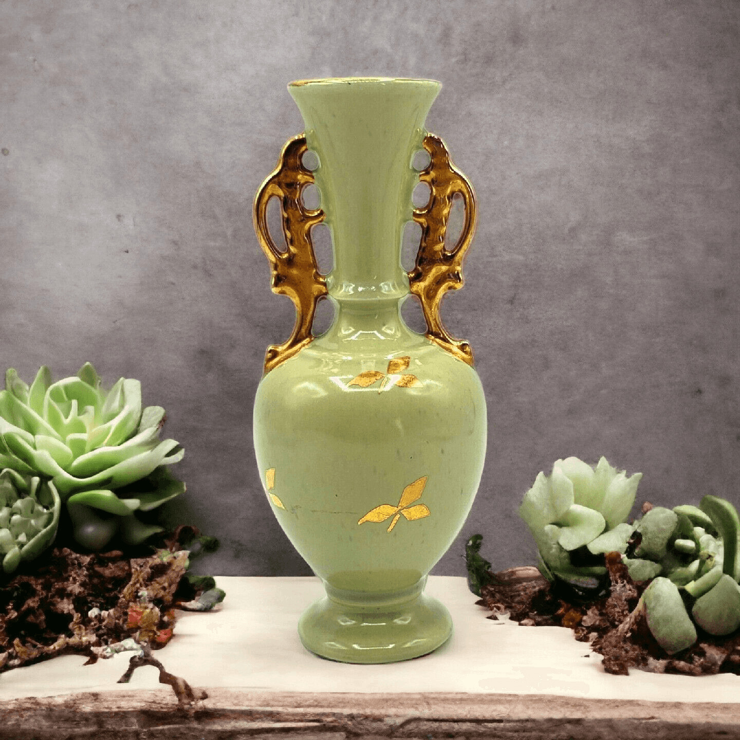 Vintage Le Pere Pottery Butterfly Handle Vase Celadon Green Golden Accents