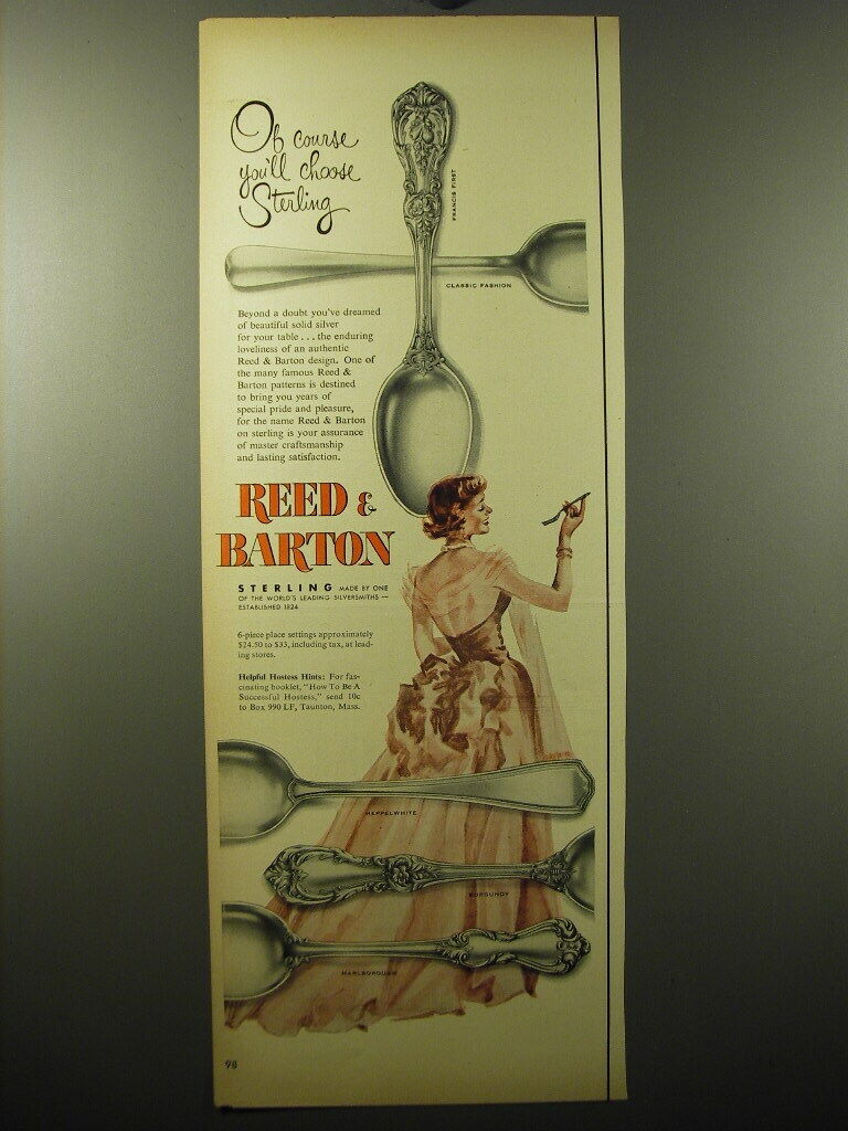 1950 Reed & Barton Sterling Silver Ad - Of course you\'ll choose Sterling