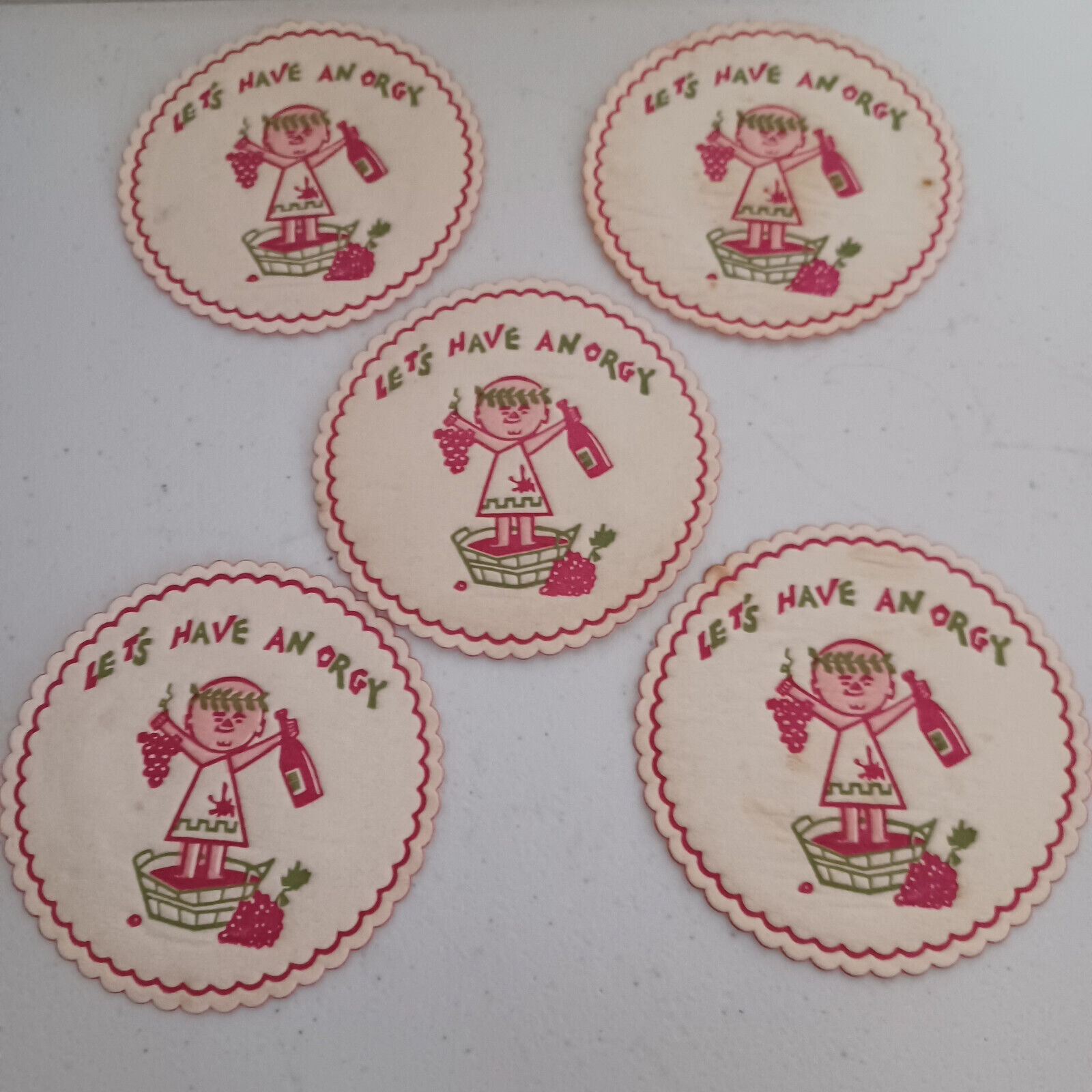 Let’s Have An ORGY Paper Mid Century Party Coasters Set of 5 MCM Vintage Bar
