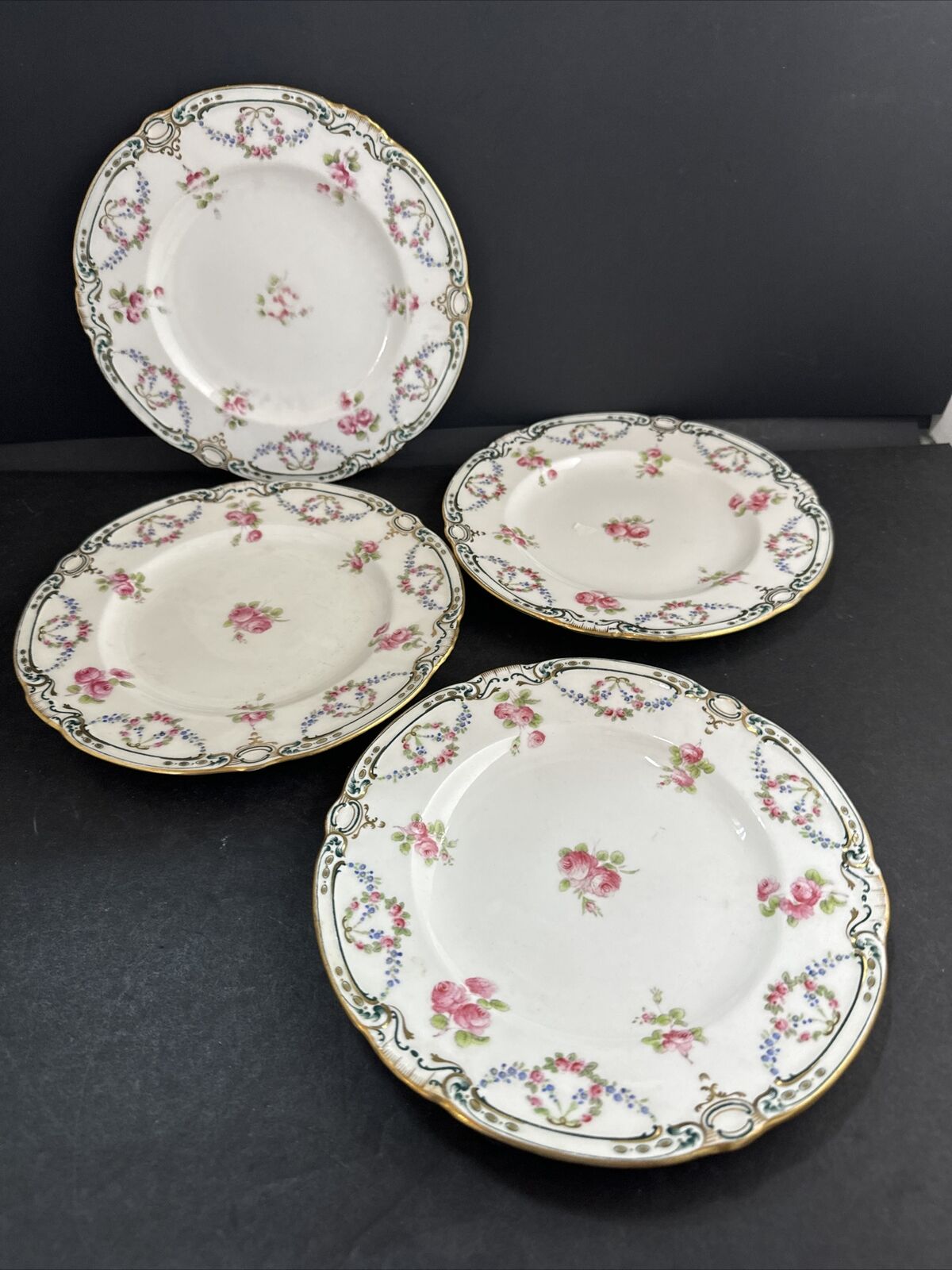 4 Antique Minton Porcelain  Pink Roses Blue Dots Davis Collamore Salad Plates